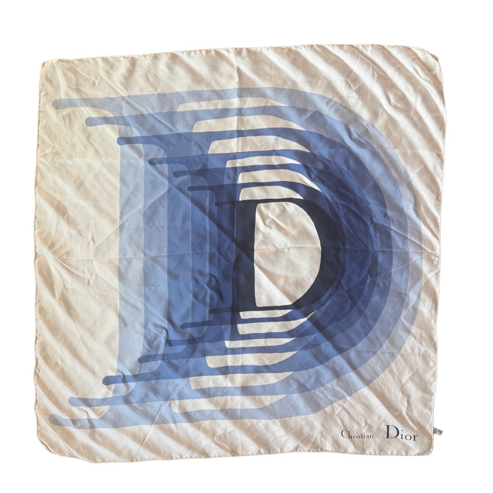 Vintage Dior Elegant Blue and Cream Silk Scarf